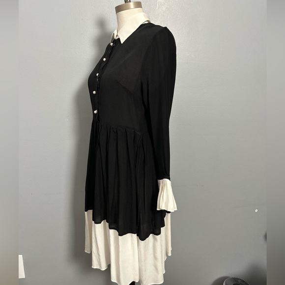 Beulah Silk Pleated Black White Collared Below Knee Dress, Size M - Picture 3 of 16